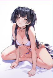 Rule 34 | 1girl, absurdres, bare shoulders, bikini, black hair, blush, breasts, brown eyes, choker, cleavage, collarbone, highres, idolmaster, idolmaster shiny colors, indian style, leaning forward, long hair, looking at viewer, mayuzumi fuyuko, medium breasts, milin (orange maru), navel, open mouth, simple background, sitting, solo, swimsuit, two side up, white background, white bikini