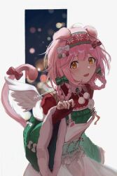 Rule 34 | 1girl, :d, absurdres, animal ears, arknights, bow, candy, candy cane, cat ears, cat girl, cat tail, christmas, cowboy shot, fingerless gloves, floppy ears, floral print, flower, food, fur-trimmed sleeves, fur trim, gloves, goldenglow (arknights), goldenglow (maiden for the bright night) (arknights), green bow, green sweater, hairband, hand up, highres, long hair, long sleeves, looking at viewer, mumi (mumicarbonic), official alternate costume, open mouth, overalls, pink hair, poinsettia, print hairband, red bow, red gloves, red hairband, smile, sweater, tail, tail bow, tail ornament, twitter username, white bow, white overalls, wide sleeves, yellow eyes