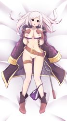 Rule 34 | 1girl, absurdres, alternate eye color, belt, bikini, black eyes, blush, breasts, brown gloves, cleft of venus, collarbone, commission, dakimakura (medium), fire emblem, fire emblem awakening, fire emblem heroes, fizintine, gloves, gluteal fold, highres, large breasts, looking at viewer, lying, navel, nintendo, nipples, o-ring, o-ring bikini, o-ring top, official alternate costume, on back, parted lips, purple bikini, revision, robin (female) (fire emblem), robin (fire emblem), smile, solo, swimsuit, tan, tanline, twintails, white hair