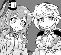 Rule 34 | 2girls, anchor ornament, asymmetrical hair, battle effectiveness award, ben-day dots, braid, breast pocket, breasts, cloud print, greyscale, high side ponytail, highres, jitome, kantai collection, kinoshita tsubomi, large breasts, monochrome, multiple girls, neckerchief, one-hour drawing challenge, pocket, ponytail, saratoga (kancolle), screentones, side ponytail, single braid, smokestack hair ornament, unryuu (kancolle), upper body