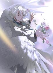 Rule 34 | 1boy, angel, angel wings, coat, collared coat, collared shirt, cowboy shot, facing viewer, feathered wings, flower, hands up, highres, id card, kaibatu2mm, lanyard, light blush, long sleeves, male focus, multicolored background, open mouth, original, petals, pink flower, purple background, shirt, short hair, solo, standing, wavy hair, white background, white coat, white flower, white hair, white wings, wings