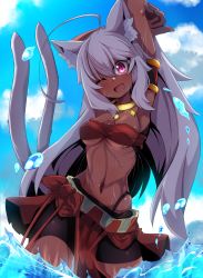 Rule 34 | 1girl, ahoge, animal ear fluff, animal ears, armpits, arms behind head, arms up, bandeau, bike shorts, black shorts, breasts, cat ears, cat girl, cat tail, choker, cleavage, cloud, dark-skinned female, dark skin, grey hair, highres, huge ahoge, loincloth, long hair, looking at viewer, miniskirt, multiple tails, navel, nekomata, ocha no mae, one eye closed, open mouth, original, outdoors, pink eyes, red skirt, short shorts, shorts, showgirl skirt, skirt, sky, smile, solo, tail, thighs, toned, wading, water