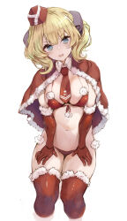 Rule 34 | 1girl, bikini, blonde hair, blue eyes, breasts, capelet, christmas, colorado (kancolle), cropped legs, elbow gloves, feet out of frame, gloves, hat, highres, kantai collection, large breasts, looking at viewer, navel, necktie, open mouth, red capelet, red gloves, red hat, red necktie, red thighhighs, ryo (tg290), santa bikini, santa gloves, short hair, simple background, solo, swimsuit, thighhighs, white background