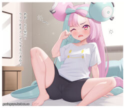 Rule 34 | 1girl, arm support, barefoot, bike shorts, blush, border, bow-shaped hair, cameltoe, character hair ornament, cleft of venus, commentary, creatures (company), fanbox username, game freak, gazing eye, green hair, hair ornament, hand up, highres, indoors, iono (pokemon), japanese text, knees, long hair, multicolored hair, nintendo, on bed, one eye closed, open mouth, pink hair, pokemon, pokemon sv, sharp teeth, shirt, short sleeves, sitting, sleepy, solo, spread legs, squeans, sweat, t-shirt, teeth, toes, translated, two-tone hair, watermark, web address, white border, white shirt