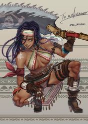 Rule 34 | absurdres, anchor tattoo, arm pouch, bikini, boots, breasts, commission, dark-skinned female, dark skin, darli dagger, dreadlocks, english text, halterneck, high heel boots, high heels, highres, huge weapon, multicolored bikini, multicolored clothes, samurai spirits, saw, saw cleaver, shoulder tattoo, skeb commission, smile, solo, swimsuit, tagme, tattoo, thigh strap, weapon