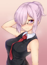 Rule 34 | 1girl, alternate hairstyle, arm up, between breasts, black-framed eyewear, black dress, blush, breasts, closed mouth, collared dress, dress, fate/grand order, fate (series), glasses, gradient background, hair over one eye, highres, kuragari, large breasts, looking at viewer, mash kyrielight, necktie, necktie between breasts, pink background, ponytail, print necktie, purple eyes, purple hair, red necktie, short hair, sidelocks, simple background, sleeveless, smile, solo, sweat, upper body