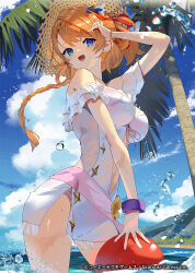 1girl :d arm_up atelier_(series) atelier_resleriana beach bikini bikini_under_clothes blue_eyes blue_sky bracelet braid breasts clothing_cutout cloud commentary_request copyright_notice cowboy_shot day dress frilled_dress frills hair_ornament hairclip hand_up hat jewelry large_breasts long_hair looking_at_viewer navel_cutout ocean official_alternate_costume official_art open_mouth outdoors palm_tree pink_bikini resna_sternenlicht resna_sternenlicht_(pretty_summer) scottie_(phantom2) second-party_source see-through_clothes sky smile solo standing straw_hat sun_hat swimsuit tree water white_dress