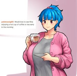 Rule 34 | 1girl, blue hair, blush, cardigan, cup, english text, erkaz, highres, holding, holding cup, holding plate, original, pink cardigan, plate, ponytail, red eyes, rina atherina, smile, solo, tea, upper body