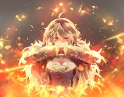 Rule 34 | 1girl, ahoge, blonde hair, breasts, cleavage, fingerless gloves, fist bump, gauntlets, gloves, long hair, looking at viewer, natural wind, red eyes, rwby, smile, solo, weapon, yang xiao long