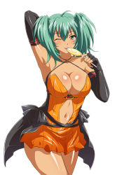 Rule 34 | 00s, 1girl, ahoge, alternate costume, aqua hair, arm behind head, armpits, bare legs, bare shoulders, black gloves, blush, breasts, candy, cleavage, clothing cutout, collarbone, criss-cross halter, dark-skinned female, dark skin, dress, elbow gloves, eyebrows, eyebrows hidden by hair, female focus, fingerless gloves, food, gloves, green eyes, hair between eyes, halloween, halterneck, hand up, holding candy, holding lollipop, ikkitousen, large breasts, lollipop, looking at viewer, navel, navel cutout, neck, official art, one eye closed, orange dress, revealing clothes, ryofu housen, shiny skin, short dress, short hair, short twintails, simple background, solo, standing, strapless, strapless dress, thick thighs, thighs, tongue, tongue out, twintails, white background, wink