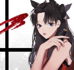 Rule 34 | 1girl, alternate costume, bad id, bad twitter id, bare shoulders, black background, black bra, black hair, black ribbon, blue eyes, bra, commentary request, cosmetics, dress, fate/stay night, fate (series), hair ribbon, highres, lace, lace-trimmed bra, lace trim, lipstick, lipstick tube, long hair, looking at viewer, makeup, open mouth, parted lips, portrait, red dress, red lips, ribbon, shimatori (sanyyyy), solo, tohsaka rin, two-tone background, two side up, underwear, upper body, white background