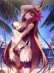 Rule 34 | 1girl, beach, bikini, blush, breasts, commentary request, day, fate/grand order, fate (series), flower, gae bolg (fate), hair flower, hair ornament, hibiscus, kakumayu, kunai, long hair, looking at viewer, medium breasts, navel, ocean, outdoors, purple hair, red eyes, revision, sand, scathach (fate), scathach (fate), scathach (swimsuit assassin) (fate), solo, standing, swimsuit, thigh strap, tree shade, water, weapon