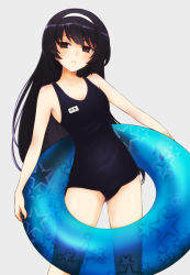 Rule 34 | 10s, 1girl, black hair, black one-piece swimsuit, closed mouth, commentary, cowboy shot, frown, girls und panzer, grey background, hairband, highres, holding, innertube, long hair, looking at viewer, name tag, old school swimsuit, one-piece swimsuit, reizei mako, school swimsuit, simple background, solo, standing, star (symbol), star print, swim ring, swimsuit, umxzo, white hairband