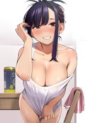 Rule 34 | 1girl, adjusting hair, alcohol, back hair, bare shoulders, beer can, blush, bottomless, breasts, brown eyes, can, chair, cleavage, collarbone, corrupted twitter file, covering crotch, covering privates, cowboy shot, drink can, elder cousin (igarashi kyouhei), grin, hair ornament, hairclip, highres, igarashi kyouhei, large breasts, leaning forward, looking at viewer, off shoulder, original, purple hair, shirt, shirt tug, shorts, smile, solo, standing, strap slip, table, unworn shorts, white shirt