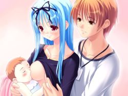 Rule 34 | 1boy, 1girl, 1other, akamaru, aliceteru resuderu, baby, black shirt, blue hair, blush, breastfeeding, breasts, brown eyes, brown hair, carrying, closed mouth, clothes lift, collarbone, game cg, hair between eyes, koyoi mo meshimase alicetale, long hair, medium breasts, mother and child, parted lips, red eyes, shirt, shirt lift, short hair, straight hair, white shirt