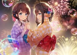 Rule 34 | 2girls, ayamy, back, blue eyes, blunt bangs, blush, bow, brown hair, bubble, commentary request, fireworks, flower, furisode, hair bow, hair flower, hair ornament, hairclip, holding hands, japanese clothes, kimono, looking at viewer, medium hair, mole, mole under eye, multiple girls, obi, open mouth, original, plaid, ponytail, sash, sidelocks, wide sleeves, x hair ornament, yukata