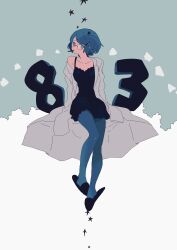 Rule 34 | 1girl, absurdres, blue eyes, blue hair, dress, full body, glasses, hair ornament, hamita hami (maco22), highres, lab coat, long sleeves, looking at viewer, maco22, mouth hold, off shoulder, original, pantyhose, short hair, sitting, sleeveless, sleeveless dress, slippers, solo