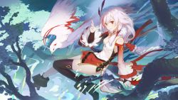 Rule 34 | 1girl, asymmetrical legwear, bare shoulders, benghuai xueyuan, bird, branch, breasts, chinese clothes, closed mouth, fu hua, fu hua (phoenix), full body, hair between eyes, hair ornament, highres, honkai (series), honkai impact 3rd, jungle, long hair, looking at viewer, multicolored hair, nature, official art, phoenix, ponytail, red eyes, small breasts, smile, solo, streaked hair, thighhighs, thighs, tree, uneven legwear, white hair