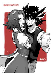 Rule 34 | 1boy, 1girl, 2020, :d, black shirt, breasts, closed mouth, collarbone, couple, cup, dated, facial mark, fudo yusei, hair intakes, hair ornament, hairpin, hands on shoulder, hetero, holding, holding cup, izayoi aki, limited palette, long hair, medium breasts, mibry (phrysm), open mouth, red background, shirt, sleeveless, sleeveless shirt, smile, two-tone background, white background, yu-gi-oh!, yu-gi-oh! 5d&#039;s