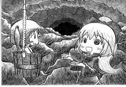 Rule 34 | 2girls, bow, bucket, cave, dress, greyscale, hair bobbles, hair bow, hair ornament, in bucket, in container, kisume, kurodani yamame, monochrome, multiple girls, nib pen (medium), open mouth, ponytail, ribbon, short hair, smile, soyanrai, touhou, traditional media, twintails