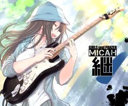 Rule 34 | 10s, 1girl, blue hat, blush, brown hair, casual, closed eyes, commentary request, electric guitar, girls und panzer, guitar, hair between eyes, hat, highres, instrument, jacket, long hair, long sleeves, makabe gorou, md5 mismatch, mika (girls und panzer), open mouth, pleated skirt, school uniform, shirt, skirt, smile, solo, white shirt
