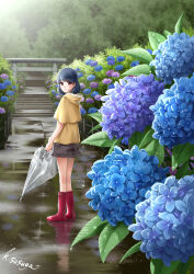 Rule 34 | 1girl, artist name, black skirt, blue hair, boots, brown skirt, closed umbrella, commentary request, day, domestic na kanojo, fence, flower, forest, frilled skirt, frills, from behind, highres, hydrangea, looking at viewer, looking back, nature, official art, outdoors, rain, raincoat, red footwear, rubber boots, sasuga kei, short hair, skirt, solo, tachibana rui, torii, umbrella, wet, yellow raincoat