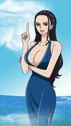 Rule 34 | 1girl, artist request, bare shoulders, black dress, black hair, blue eyes, breasts, cleavage, cloud, curvy, dress, earrings, highres, hip focus, jewelry, large breasts, long hair, nico robin, ocean, one piece, open mouth, parted lips, pointing, pointing up, sky, smile, solo, source request, wide hips