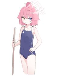 Rule 34 | 1girl, ahoge, arsyky14, bare shoulders, blue archive, blue one-piece swimsuit, broom, closed mouth, commentary, cowboy shot, cropped legs, expressionless, flat chest, halo, hand on own hip, heterochromia, highres, holding, holding broom, hoshino (blue archive), hoshino (young) (blue archive), huge ahoge, looking at viewer, one-piece swimsuit, pink hair, purple eyes, school swimsuit, short hair, simple background, sketch, solo, swimsuit, white background, yellow eyes