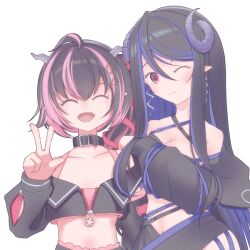 Rule 34 | 2girls, ahoge, belt, belt collar, black belt, black hair, black jacket, blue hair, blush, bra, breasts, brown eyes, cleavage, closed mouth, collar, commentary request, covellin, curled horns, demon girl, demon horns, fangs, flat chest, hair between eyes, hebiyoi tier, hebiyoi tier (1st costume), horns, jacket, long hair, looking at viewer, medium breasts, midriff, multicolored hair, multiple girls, nanashi inc., off shoulder, oinomori may, oinomori may (1st costume), one eye closed, one side up, open mouth, pink bra, pink hair, pointy ears, simple background, smile, sugar lyric, transparent background, two-tone hair, underwear, upper body, virtual youtuber, w