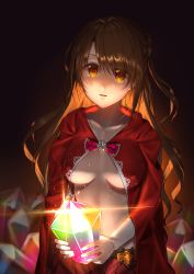 Rule 34 | 1girl, absurdres, black background, blurry, blurry background, blush, breasts, brown eyes, brown hair, cape, cleavage, collarbone, hair between eyes, highres, holding, kami yuuyako, long hair, medium breasts, naked cape, open mouth, pleated skirt, princess connect!, red cape, red skirt, shimamura uzuki, side ponytail, skirt, solo, very long hair