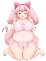 Rule 34 | 1girl, :d, ^ ^, barefoot, blush, bow, bra, breasts, chemise, cleavage, closed eyes, closed eyes, fat, feet, female focus, hair bow, highres, kneeling, kurokaze no sora, large breasts, open mouth, original, panties, pink bra, pink panties, plump, round teeth, see-through, smile, solo, tail, teeth, thick thighs, thigh gap, thighs, toes, twintails, underwear, underwear only, wide hips