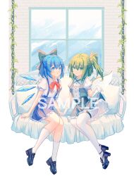 Rule 34 | 2girls, absurdres, black footwear, blue eyes, blue hair, blue skirt, blush, bow, cirno, collared shirt, daiyousei, detached wings, fairy, fairy wings, gloves, green bow, green eyes, hair between eyes, hair bow, highres, ice, ice wings, lolita fashion, long hair, minuo, multiple girls, pantyhose, parted lips, puffy short sleeves, puffy sleeves, sample watermark, shirt, shoes, short hair, short sleeves, side ponytail, skirt, socks, touhou, watermark, white gloves, white pantyhose, white shirt, white socks, wings