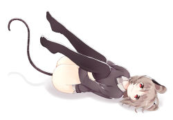 Rule 34 | 1girl, akagashi hagane, alternate costume, animal ears, ass, black socks, black thighhighs, blush, bottomless, full body, grey hair, kneehighs, legs up, long sleeves, looking at viewer, lying, mouse ears, mouse tail, nazrin, on back, red eyes, shirt, short hair, simple background, socks, solo, sweater, sweater vest, tail, thighhighs, touhou, wavy mouth, white background
