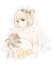Rule 34 | 1girl, bare shoulders, blonde hair, bouquet, bow, braid, breasts, cleavage, closed mouth, collarbone, commentary request, dress, earrings, elbow gloves, flower, gloves, hair flower, hair ornament, highres, jewelry, looking at viewer, lycoris recoil, medium breasts, misuzu (iridescence), nishikigi chisato, orange bow, orange flower, pink flower, short hair, smile, solo, strapless, upper body, veil, wedding dress, white background, white flower, yellow eyes