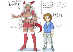 Rule 34 | 1boy, 1girl, boots, breasts, cleavage, dark skin, digimon, gender request, genderswap, goggles, guilmon, head wings, high heel boots, high heels, large breasts, long hair, matsuda takato, personification, short hair, tail, thigh boots, thighhighs, translation request, white hair, wings, wontam