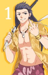 Rule 34 | 00s, 1boy, black eyes, black hair, bracelet, celestial s, countdown, grin, hairband, jewelry, long hair, male focus, middle finger, necklace, official alternate costume, open clothes, over shoulder, pii (celestial songs), shirt, shorts, smile, solo, sword, tales of (series), tales of vesperia, weapon, weapon over shoulder, yellow background, yuri lowell