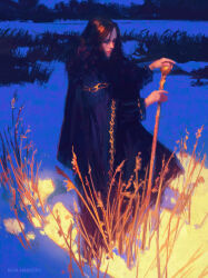 Rule 34 | 1girl, absurdres, artist name, black cloak, black eyes, brown hair, cloak, closed mouth, dappled sunlight, film grain, forehead, full body, fur collar, gold trim, grass, highres, holding, holding staff, lips, long hair, long sleeves, looking at viewer, nature, nose, original, outdoors, painterly, raja nandepu, realistic, solo, staff, standing, sunlight, walking, wheat, wide sleeves