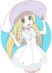 Rule 34 | 1girl, :d, blonde hair, braid, collarbone, commentary, creatures (company), dress, eyelashes, game freak, gensei00, green eyes, hands on headwear, hands up, hat, highres, lillie (pokemon), long hair, nintendo, open mouth, pokemon, pokemon sm, see-through, sleeveless, sleeveless dress, smile, solo, sun hat, twin braids, w arms, white dress, white hat