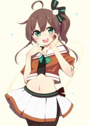Rule 34 | 1girl, :d, absurdres, ahoge, bare shoulders, beige background, black camisole, black pantyhose, blush, brown hair, brown jacket, camisole, cat hair ornament, commentary request, cowboy shot, hair ornament, hands up, highres, hololive, jacket, natsuiro matsuri, natsuiro matsuri (1st costume), navel, off-shoulder jacket, off shoulder, okota mikan, open mouth, pantyhose, pleated skirt, puffy short sleeves, puffy sleeves, round teeth, short sleeves, side ponytail, sidelocks, simple background, skirt, smile, solo, standing, teeth, upper teeth only, virtual youtuber, white skirt