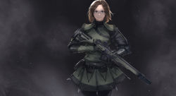 Rule 34 | 1girl, absurdres, assault rifle, black pantyhose, brown eyes, brown hair, closed mouth, commentary, cowboy shot, english commentary, faiz azhar, green jacket, green skirt, grey background, gun, highres, holding, holding gun, holding weapon, jacket, light particles, looking at viewer, military, military uniform, original, pantyhose, parted bangs, pleated skirt, rifle, short hair, skirt, smile, solo, standing, trigger discipline, uniform, weapon