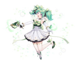 Rule 34 | 1girl, absurdres, copyright request, dress, gem, green gemstone, green hair, green ribbon, gun, hair ribbon, high heels, highres, holding, holding gun, holding weapon, looking at viewer, magic, magical girl, noixen, purple eyes, ribbon, short twintails, simple background, solo, thighhighs, twintails, weapon, white background
