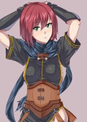 Rule 34 | 1girl, breasts, gloves, green eyes, kouen miska, looking at viewer, nel zelpher, red hair, scarf, short hair, simple background, solo, star ocean, star ocean till the end of time, tattoo