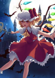 Rule 34 | 1girl, ascot, back bow, bat (animal), blonde hair, bow, castle, collared shirt, fang, feet out of frame, flandre scarlet, frilled shirt collar, frills, hair between eyes, happy, hat, hat bow, hat ribbon, highres, holding, holding polearm, holding weapon, kingzhizhu, laevatein (touhou), large bow, medium hair, mob cap, multicolored wings, one side up, open mouth, outdoors, outstretched arms, polearm, puffy short sleeves, puffy sleeves, red bow, red eyes, red ribbon, red skirt, red vest, ribbon, ribbon-trimmed headwear, ribbon trim, shirt, short sleeves, skirt, skirt set, socks, solo, spread arms, touhou, vest, weapon, white bow, white hat, white shirt, white socks, wings, yellow ascot