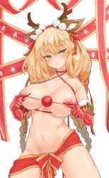 Rule 34 | 1girl, animal ear fluff, animal ears, antlers, blonde hair, blue eyes, braid, breasts, choker, christmas, closed mouth, collarbone, commentary, cowboy shot, deer ears, elbow gloves, english commentary, fake animal ears, gloves, hair ribbon, highres, holding, horns, kuzel (bonolangje), large breasts, light blush, long hair, looking at viewer, mole, mole on breast, navel, nude, original, puffy nipples, red choker, red gloves, red ribbon, reindeer antlers, ribbon, simple background, solo, stomach, tearing up, tears, thick eyebrows, twin braids, white background