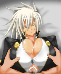 Rule 34 | 1boy, 1girl, arc system works, bed, blazblue, breasts, bullet (blazblue), closed eyes, clothed female nude male, cum, cum on body, cum on breasts, cum on clothes, cum on upper body, dark skin, grabbing, grabbing another&#039;s breast, highres, huge breasts, juno (pixiv32541104), lying, nude, on back, paizuri, paizuri under clothes, penis under another&#039;s clothes, pubic hair, scar, sleeping, straddling, straddling paizuri, uncensored, white hair