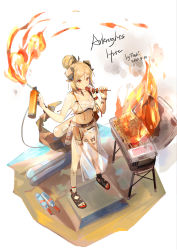 Rule 34 | 1girl, absurdres, arknights, bandeau, bare arms, bare legs, bare shoulders, blonde hair, cooking, fire, flamethrower, full body, grill, grilling, hair bun, highres, holding, horns, ifrit (arknights), looking at viewer, material growth, midriff, navel, orange eyes, oripathy lesion (arknights), sandals, sarong, single hair bun, solo, standing, swimsuit, tail, tianye toshi, weapon