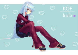 Rule 34 | 1girl, absurdres, blue hair, blush, brown eyes, heart, highres, hime cut, knees, kula diamond, legs, long hair, outside border, shoes, sitting, snk, solo, sonikey0 0, the king of fighters, very long hair, zipper