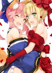 Rule 34 | 10s, 2girls, ;d, bad id, bad twitter id, bare shoulders, blonde hair, breast press, breasts, detached sleeves, earrings, fang, fate/extra, fate (series), flower, from side, gloves, green eyes, hug, jewelry, kou mashiro, multiple girls, nero claudius (fate), nero claudius (fate) (all), nero claudius (fate/extra), official alternate costume, one eye closed, open mouth, panties, petals, pink hair, red gloves, rose, smile, striped clothes, striped panties, symmetrical docking, tamamo (fate), tamamo no mae (fate/extra), underwear, yellow eyes