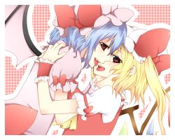 Rule 34 | 2girls, bad id, bad pixiv id, couple, female focus, flandre scarlet, hand on shoulder, hat, imminent kiss, incest, multiple girls, remilia scarlet, richard, siblings, sisters, tongue, touhou, wings, yuri