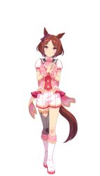 Rule 34 | 1girl, animal ears, ascot, bad link, bow, bowtie, brown hair, flower in eye, game model, highres, horse ears, horse girl, horse tail, kneehighs, looking at viewer, official art, own hands together, parted bangs, pink ascot, pink eyes, puffy short sleeves, puffy sleeves, sakura laurel (umamusume), shirt, short hair, short sleeves, shorts, signature, simple background, single kneehigh, single sock, smile, socks, solo, symbol in eye, tachi-e, tail, transparent background, tsurime, umamusume, white footwear, white shorts, wrist cuffs